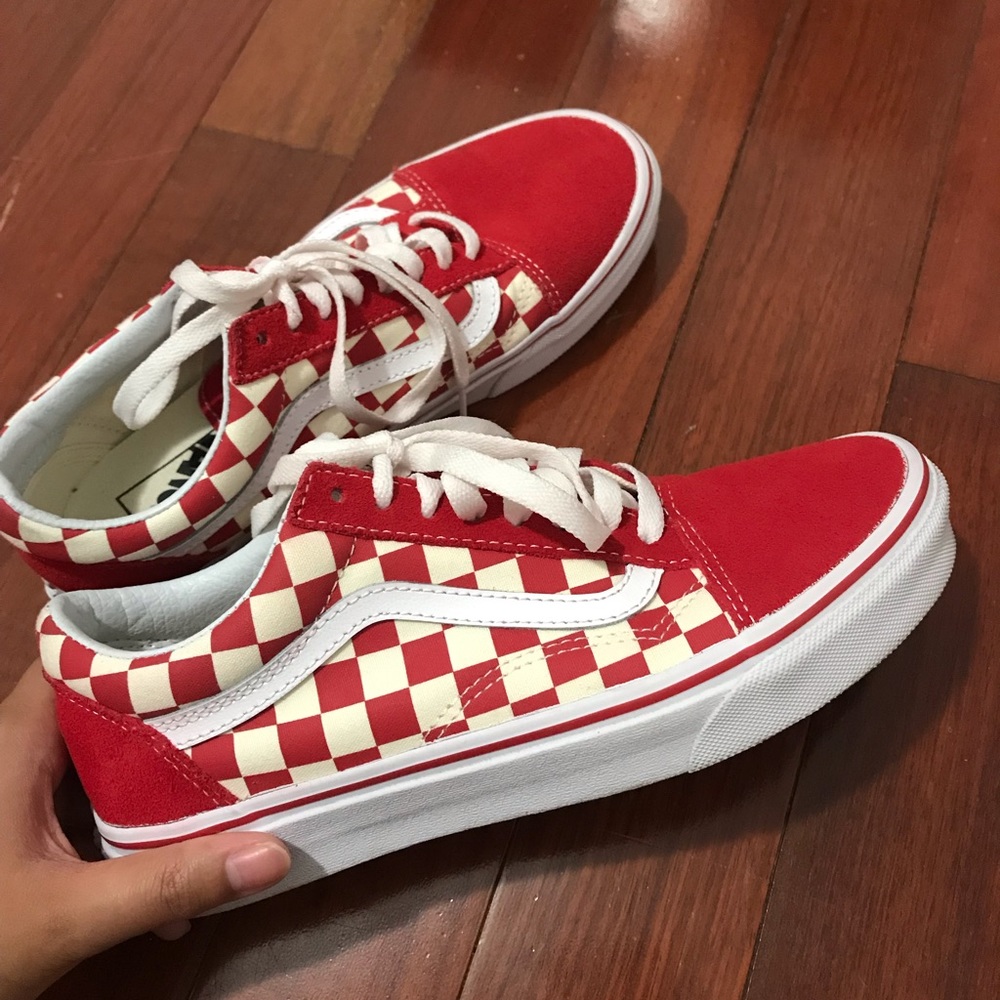 Red checkerboard Vans